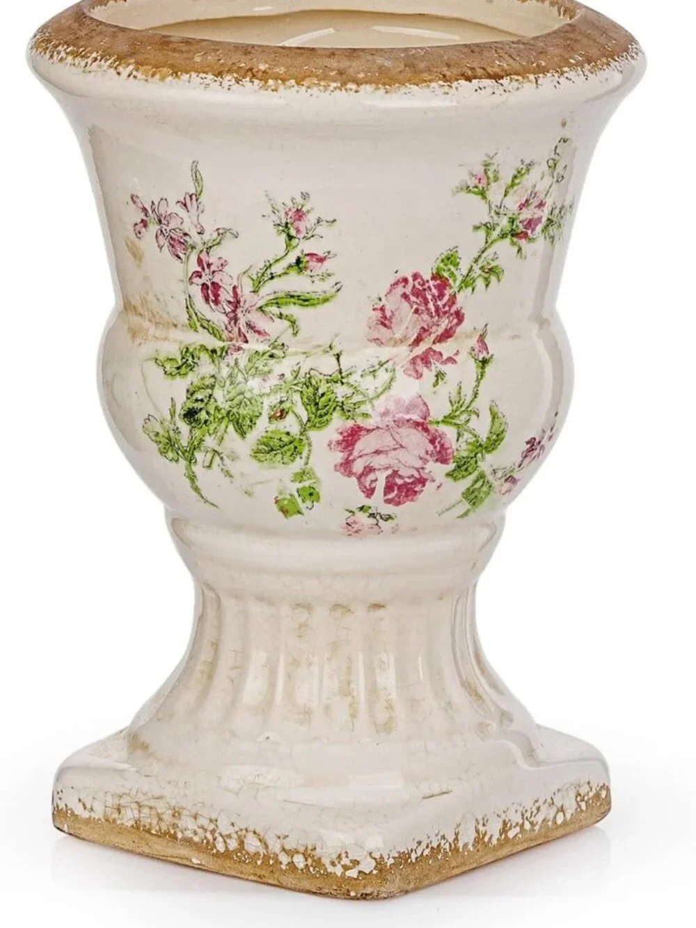 Vintage Pink Floral Ceramic Urn Planter - Decorative Chinoiserie Flower Pot